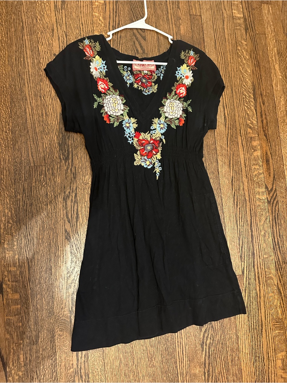 Johnny Was Black Mini Dress with Multicolor Floral Embroidery